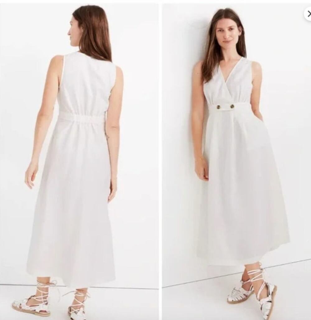 Madewell Pale Parchment White Linen Blend Button Waist Wrap Midi Dress Size 4